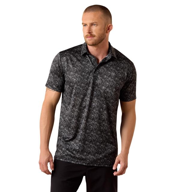 Men's All Over Print Fitted Polo Shirt in Black Paisley Print