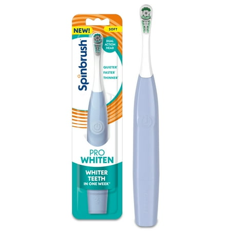 Spinbrush NEW PRO WHITEN Battery Powered Electric Toothbrush for Adults, Soft Bristles, Light Blue